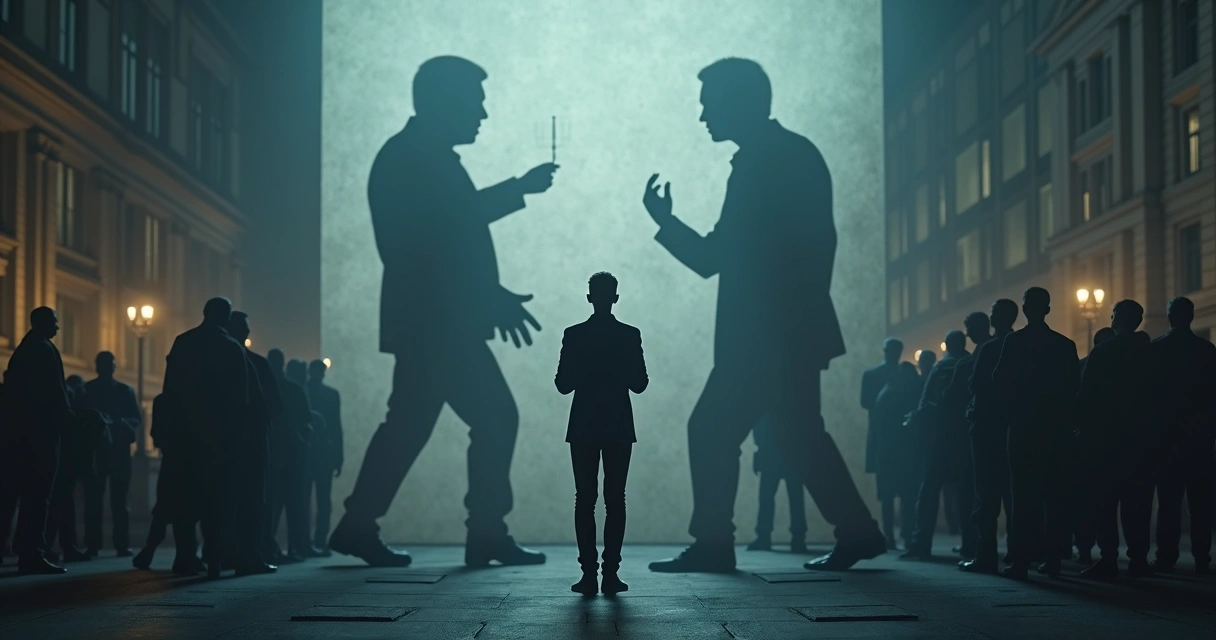 Eleitor diante de cabine de votação com sombra projetando conflitos políticos 