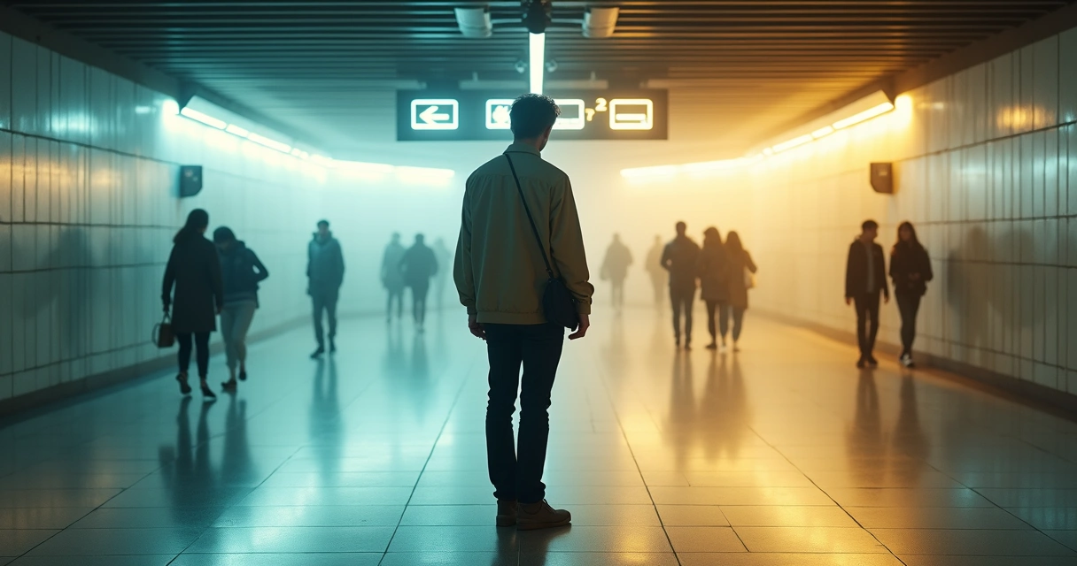 Pessoa sozinha em estação de metrô moderna diante de duas saídas iluminadas diferentes 