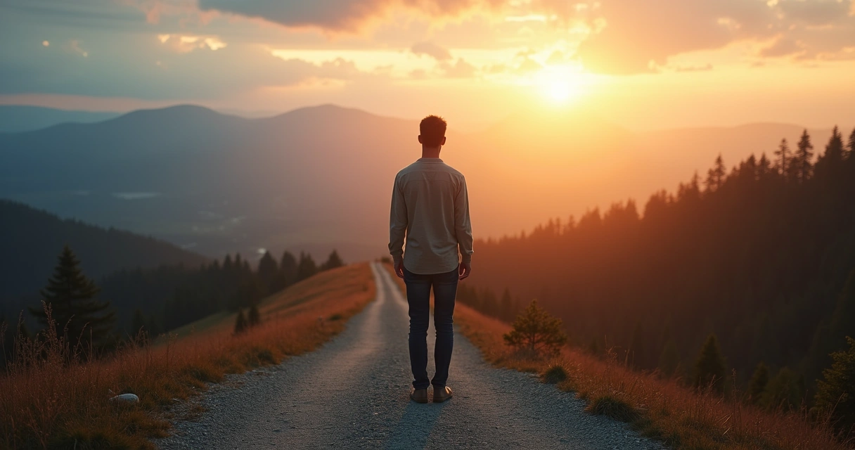 Pessoa em encruzilhada olhando para frente entre caminho escuro e caminho iluminado 