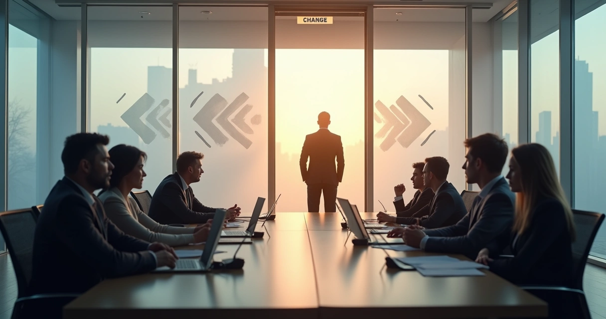 Líder em sala de reunião encarando porta aberta para futuro incerto 