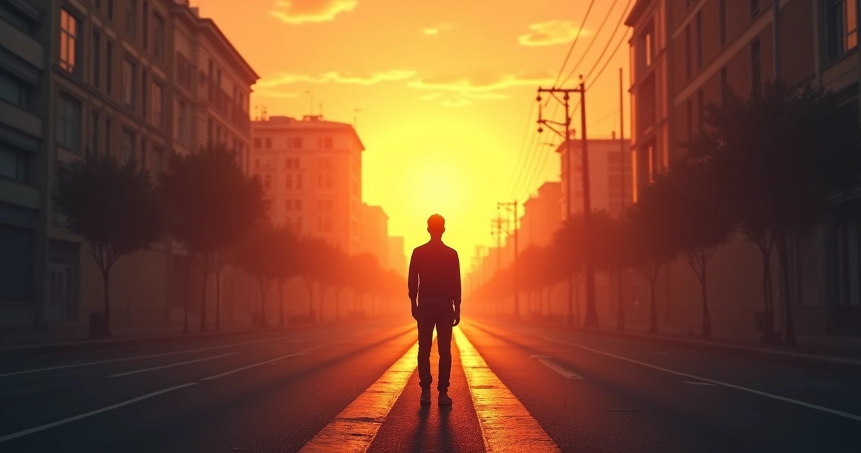 Silueta de pessoa parada em frente a dois caminhos diferentes, com paisagem urbana ao fundo. 