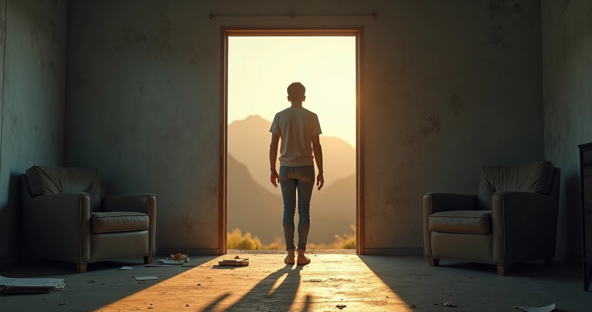 Pessoa diante de porta luminosa hesitando em dar um passo 