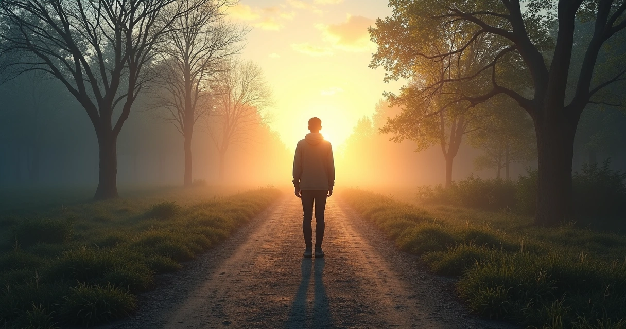 Pessoa refletindo diante de caminho dividido simbolizando mudanças internas 