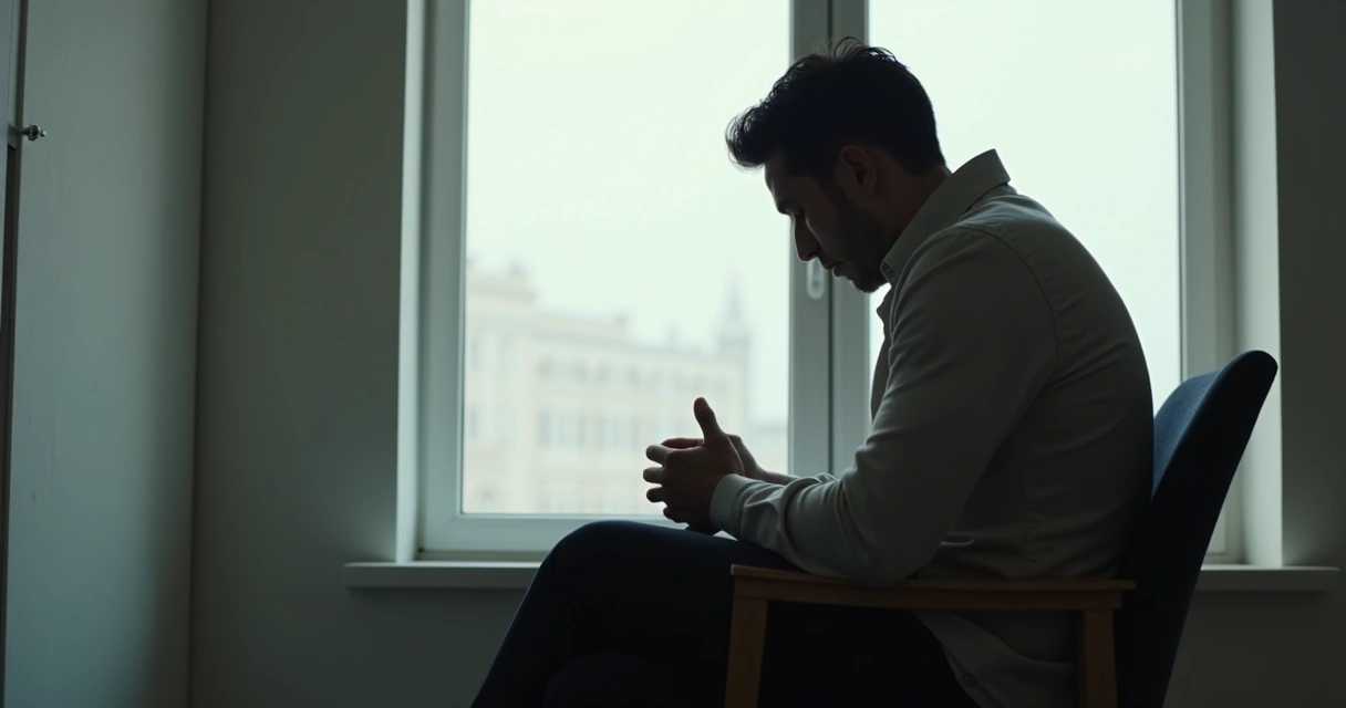 Pessoa olhando para baixo com semblante fechado, sentada em uma cadeira perto de uma janela com luz suave.