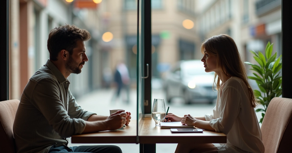 Homem e mulher separados por parede de vidro em café moderno 