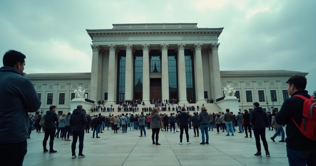 Multidão em frente a prédio institucional com atmosfera de medo e tensão 