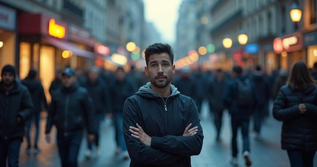 Pessoa em meio à multidão com expressão pensativa sobre medo social 