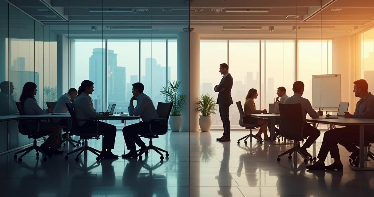 Equipe em escritório corporativo dividida entre medo e colaboração 