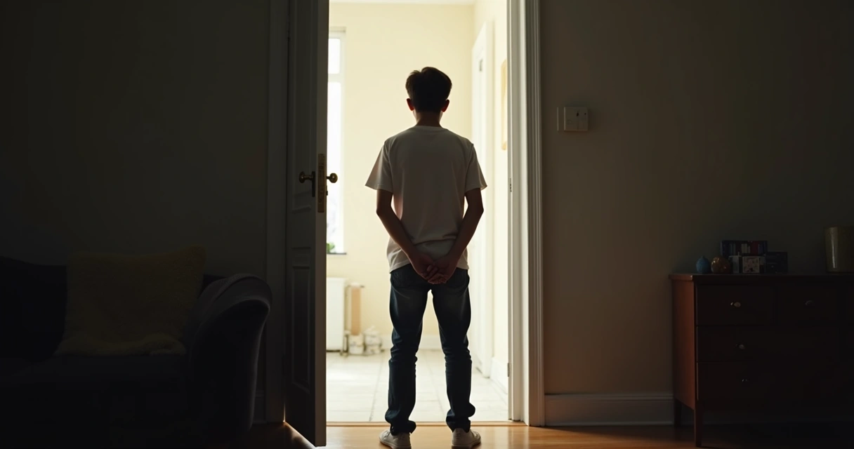 Pessoa parada em frente a uma porta entreaberta 