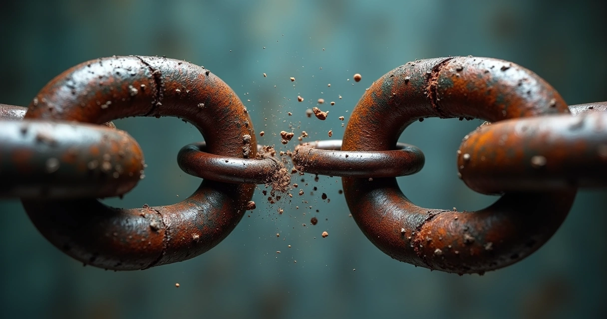 Corrente enferrujada sendo quebrada no centro.
