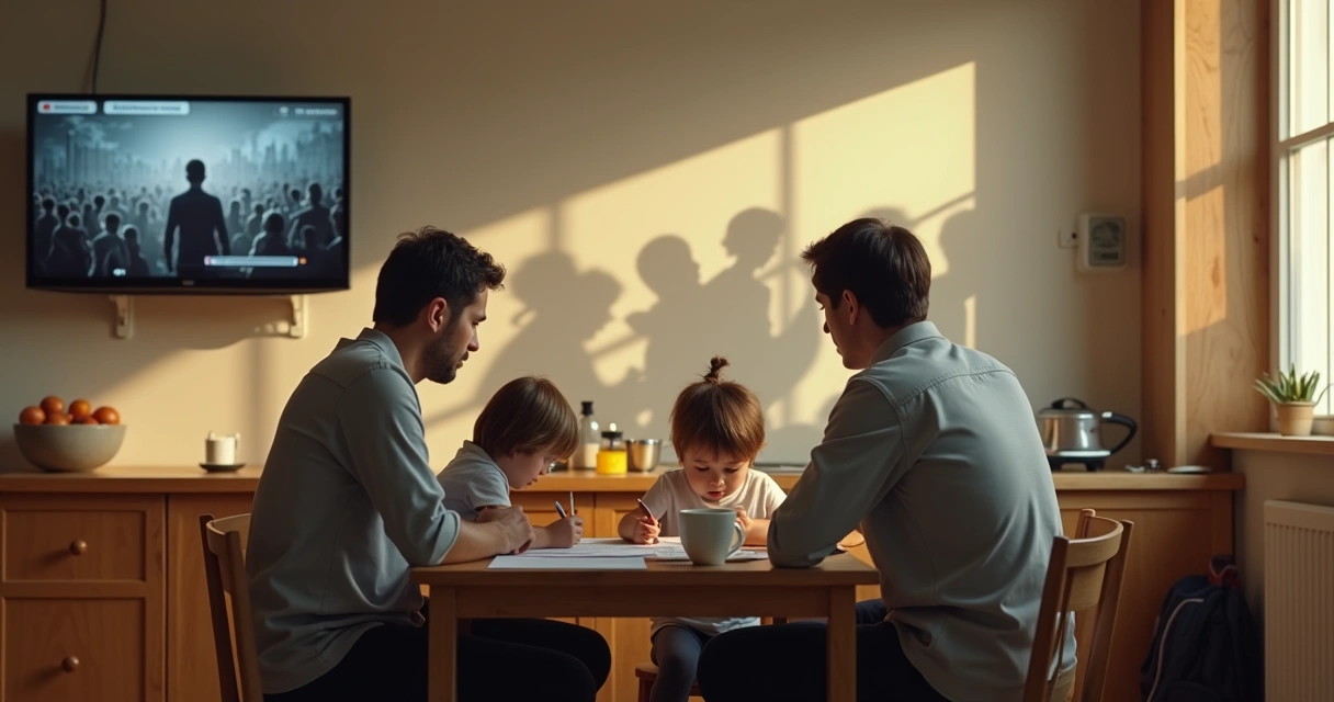 Família em cozinha com sombras coletivas projetadas na parede 