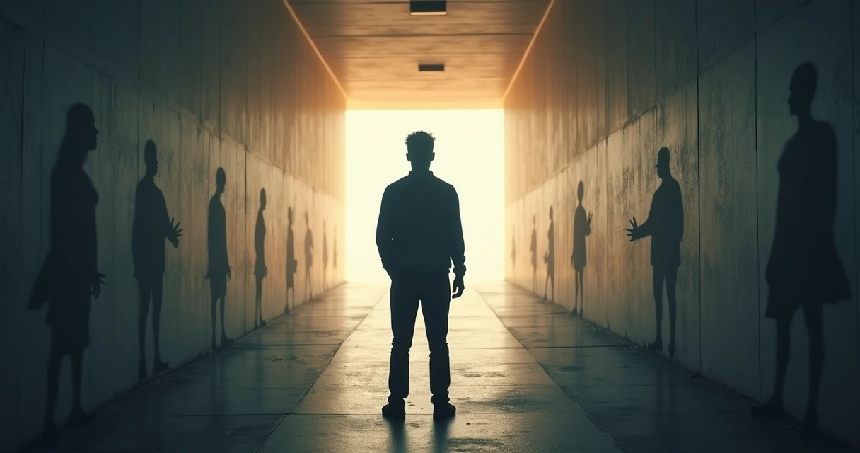 Pessoa diante de silhuetas sombrias que representam medos e sabotadores internos 