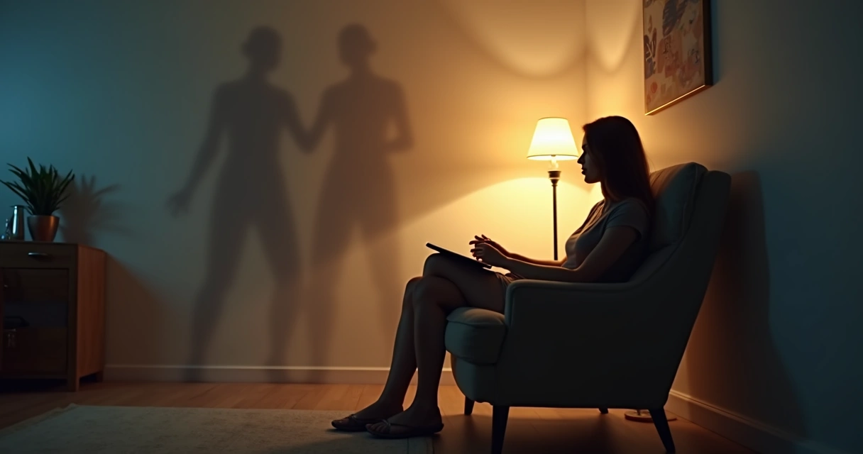 Pessoa sentada em cadeira em sala meio luz com sombras delicadas a sua volta 