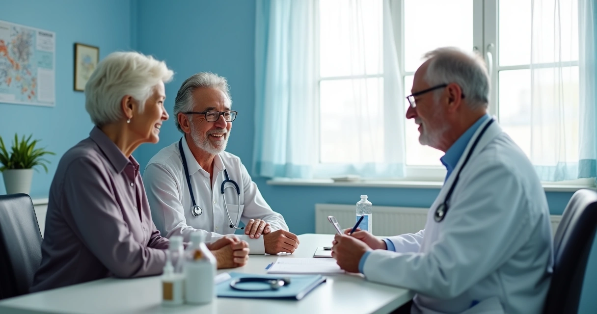 Médico atendendo pacientes seniores em consultório