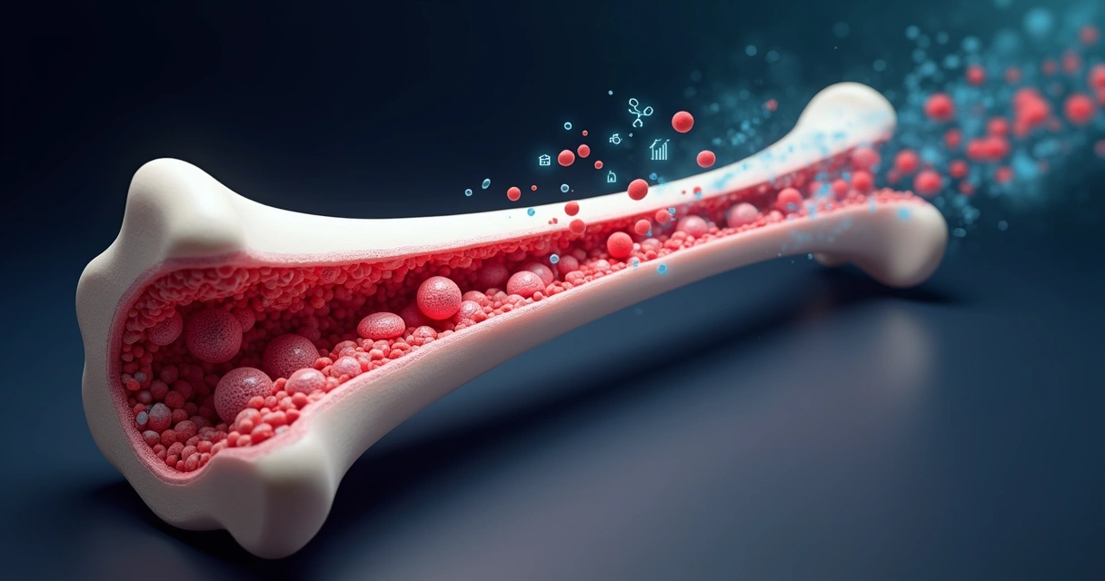 Ilustração de osso humano cortado mostrando medula óssea com células sanguíneas em destaque 