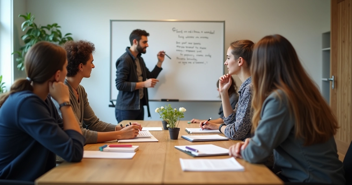 Team in an office meeting sharing weekly commitments 