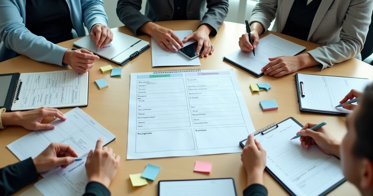 Team planning a meeting agenda on a table 