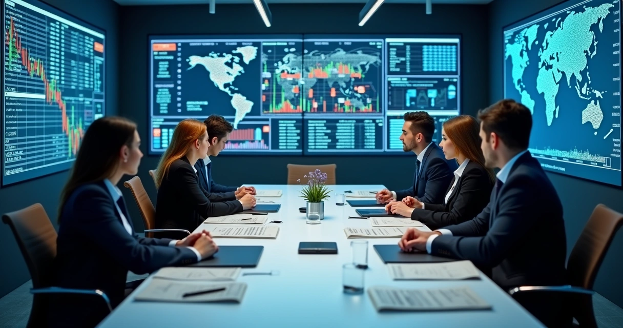 Boardroom scene with executive team discussing risk strategy and commodity outlook 