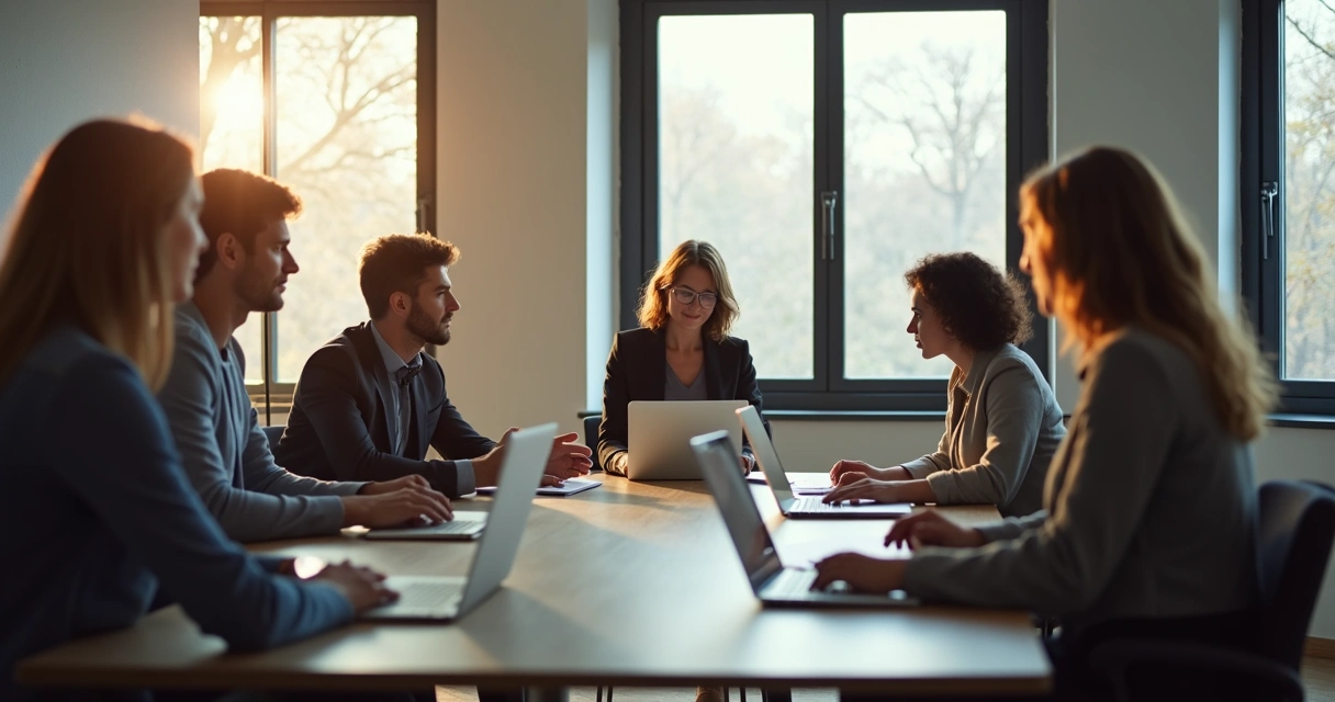 Team around a conference table, one person quietly tuning into body sensations while others talk