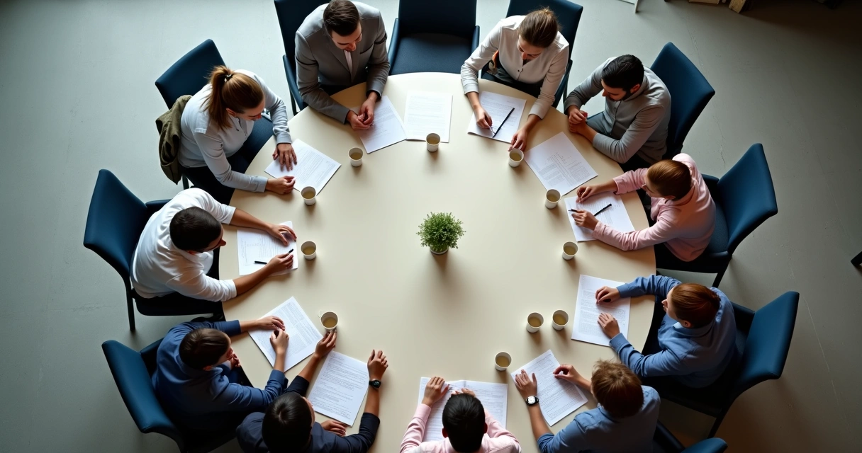 Team meeting showing body language and attention cues 