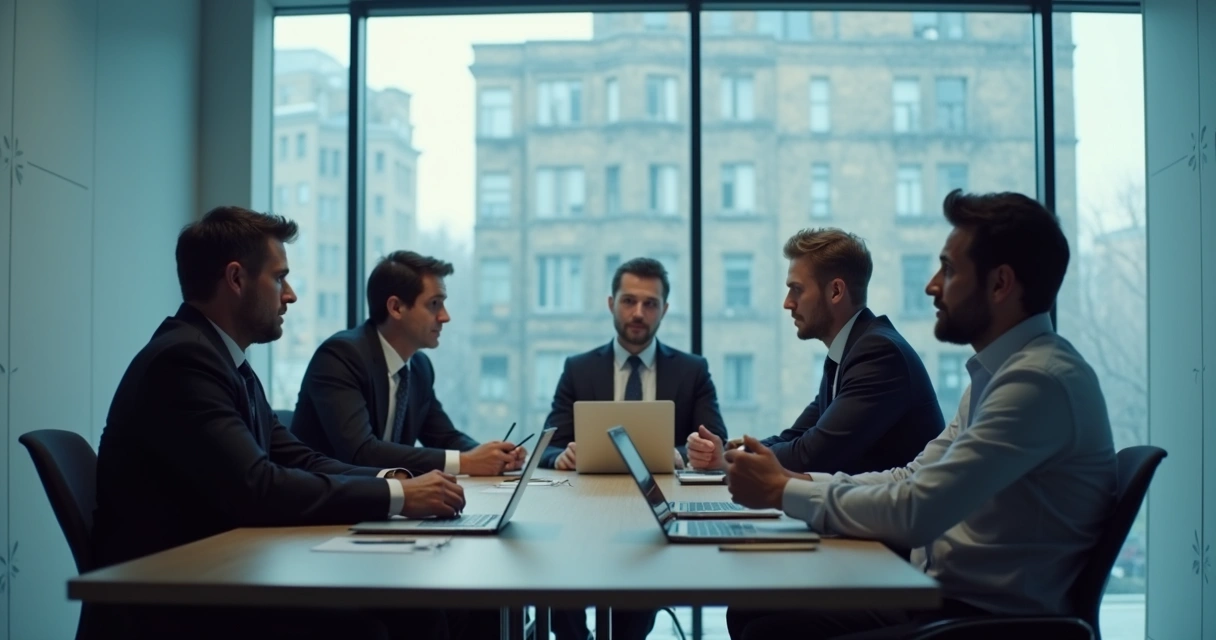 Team meeting with subtle body language cues around one speaker 