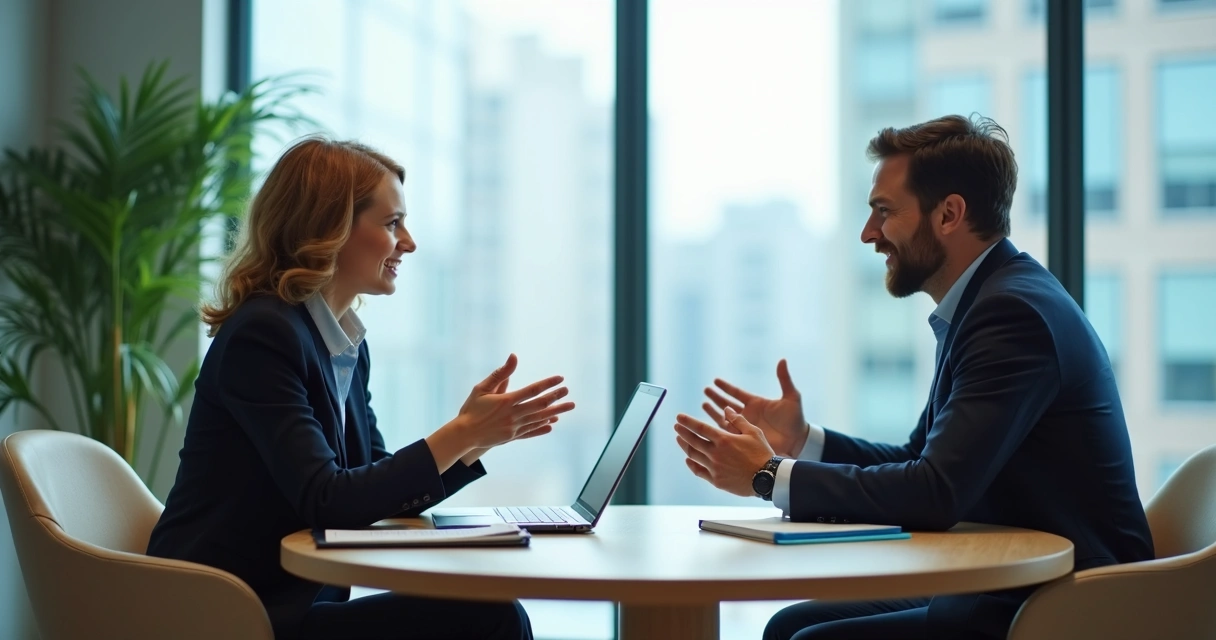 Two colleagues having a calm boundary-setting talk in an office meeting room