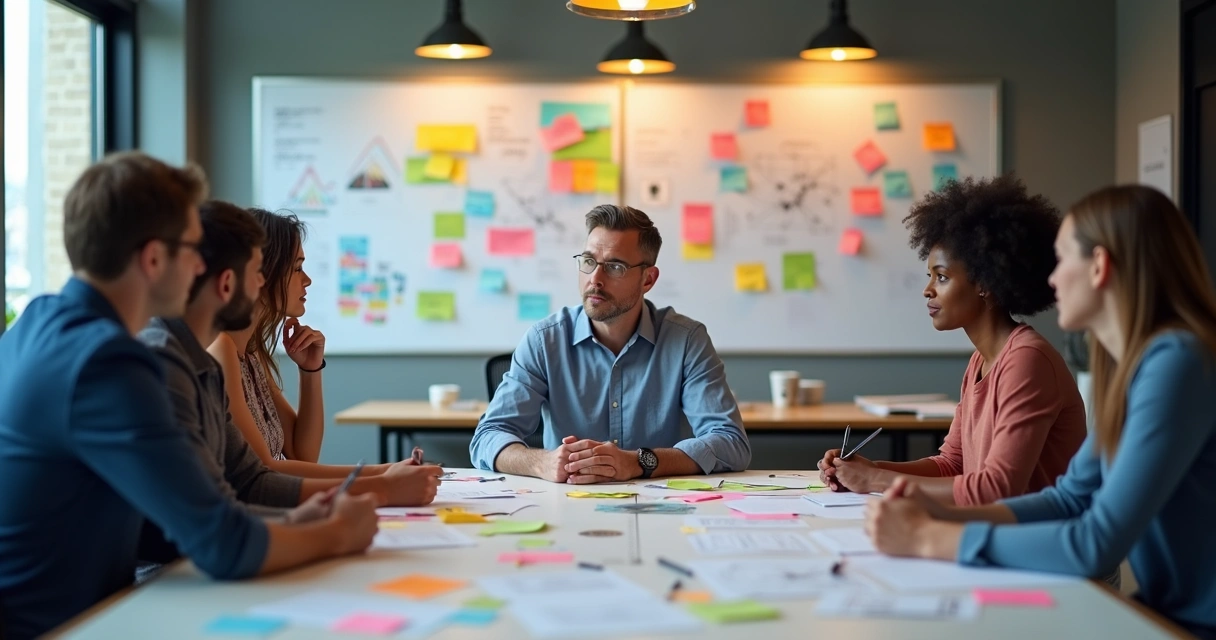Equipe em reunião de brainstorming com quadros e post-its coloridos. 
