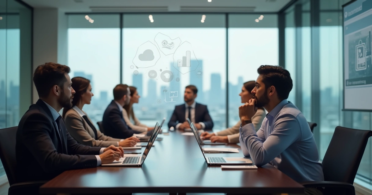 Business team in meeting room with one person highlighted in clear focus amid blurred thinking icons 
