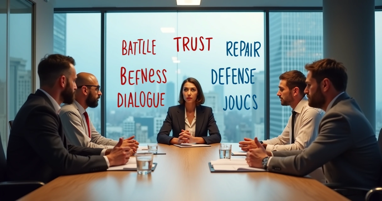 Team meeting with opposing words on a glass wall 