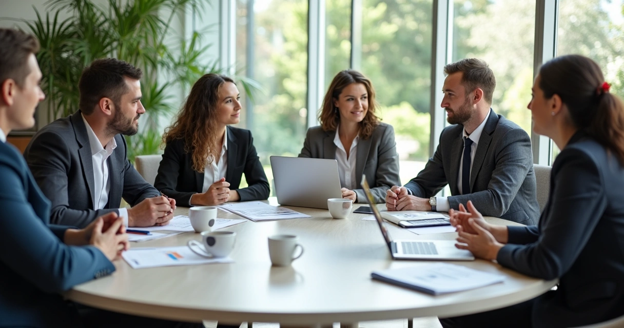 Diverse business team meeting around table with documents and charts