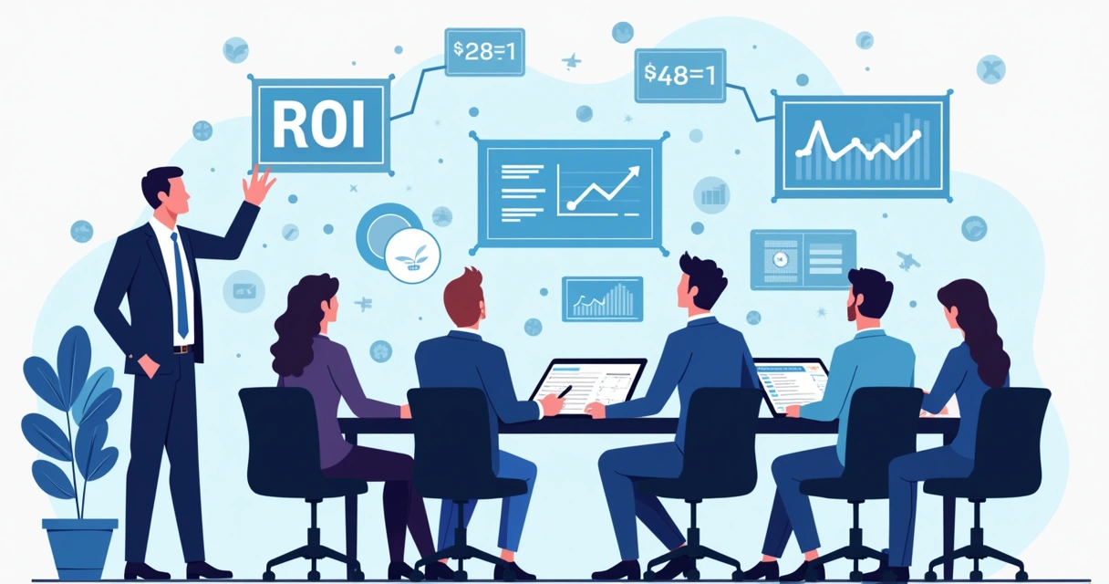 Reunião empresarial com gráficos de ROI em telas de apresentação 