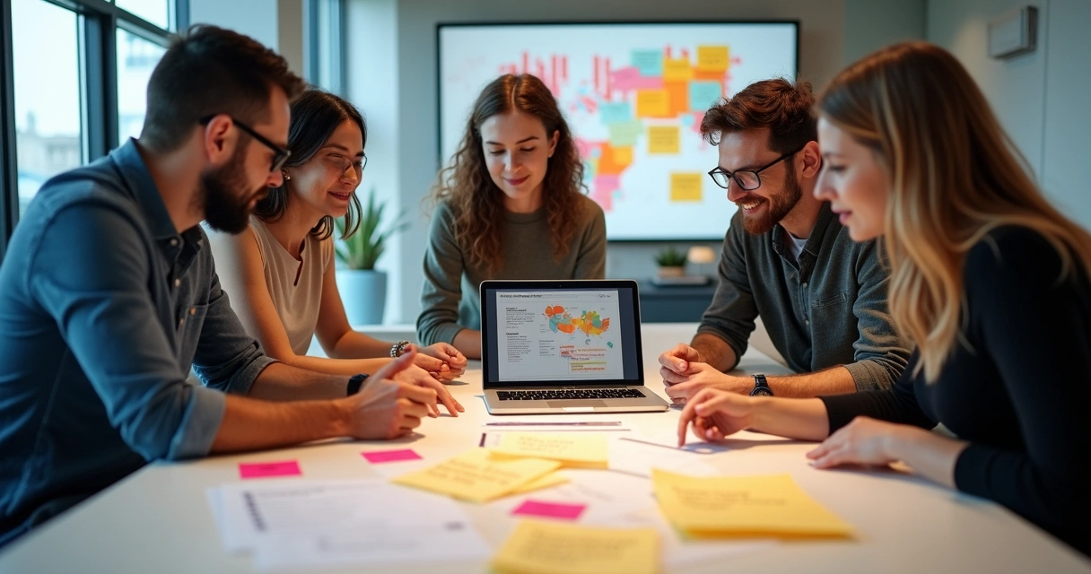 Equipe reunida analisando depoimentos de usuários em sala de reuniões 