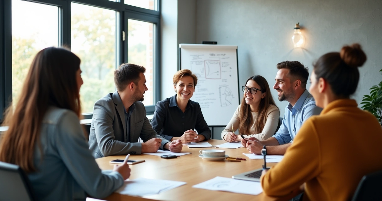 Older and younger employees in a meeting sharing ideas