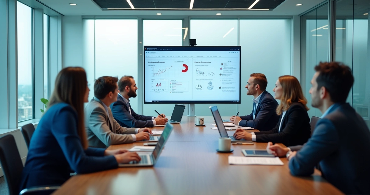 Team meeting visible through a glass wall with shared charts on screen 