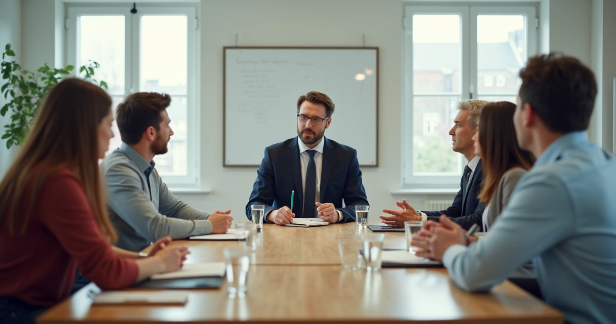 Team meeting with one person speaking while others react differently 
