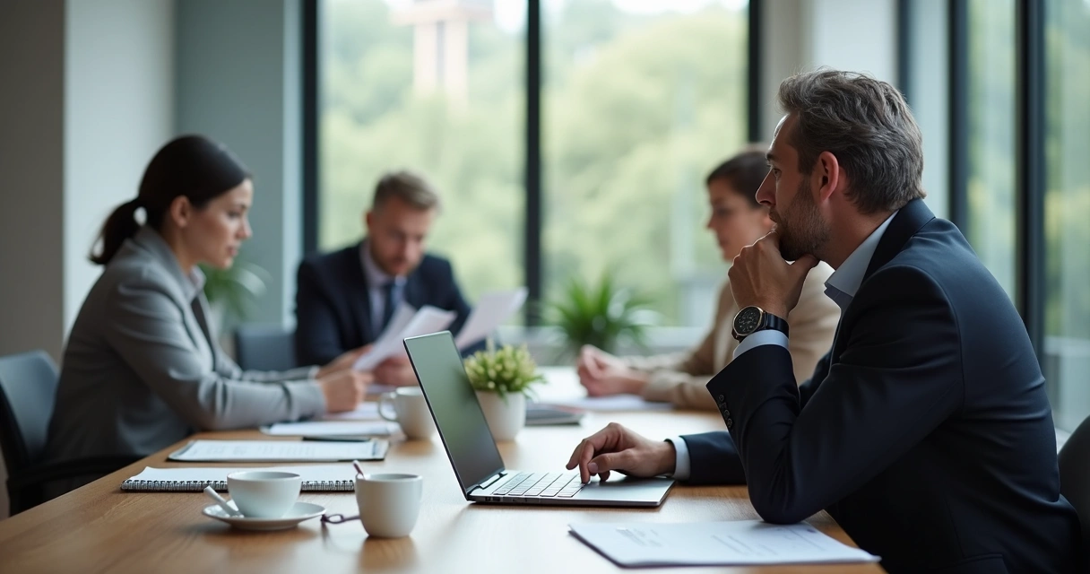 Person pausing during a meeting while others review documents 