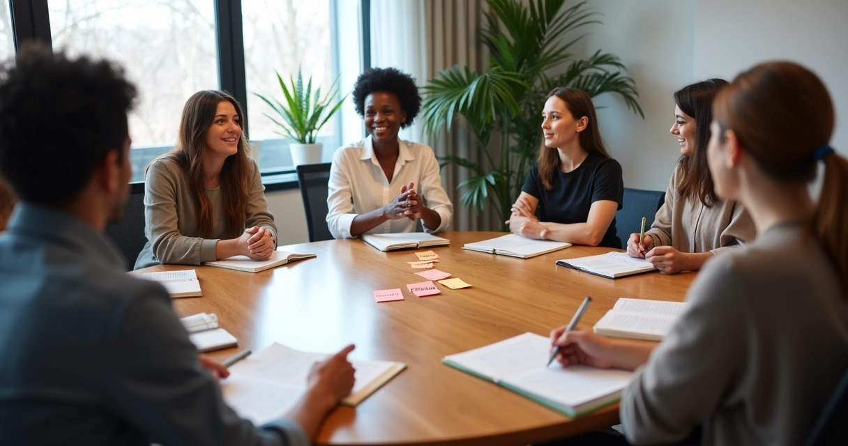 Group discussion with intentions written on notes 