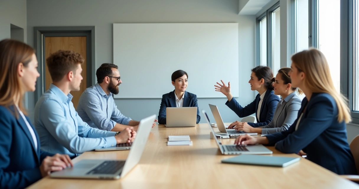 Colleagues in a meeting as one person is interrupted and another offers support