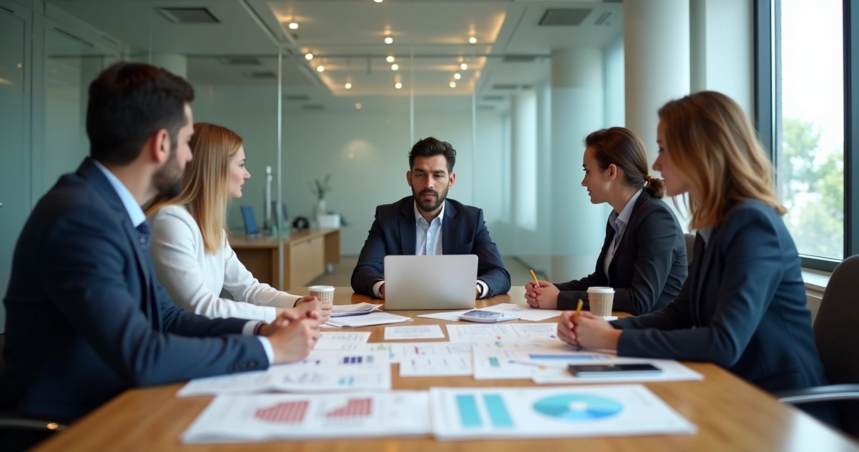 Team meeting with one person pausing over a decision document 