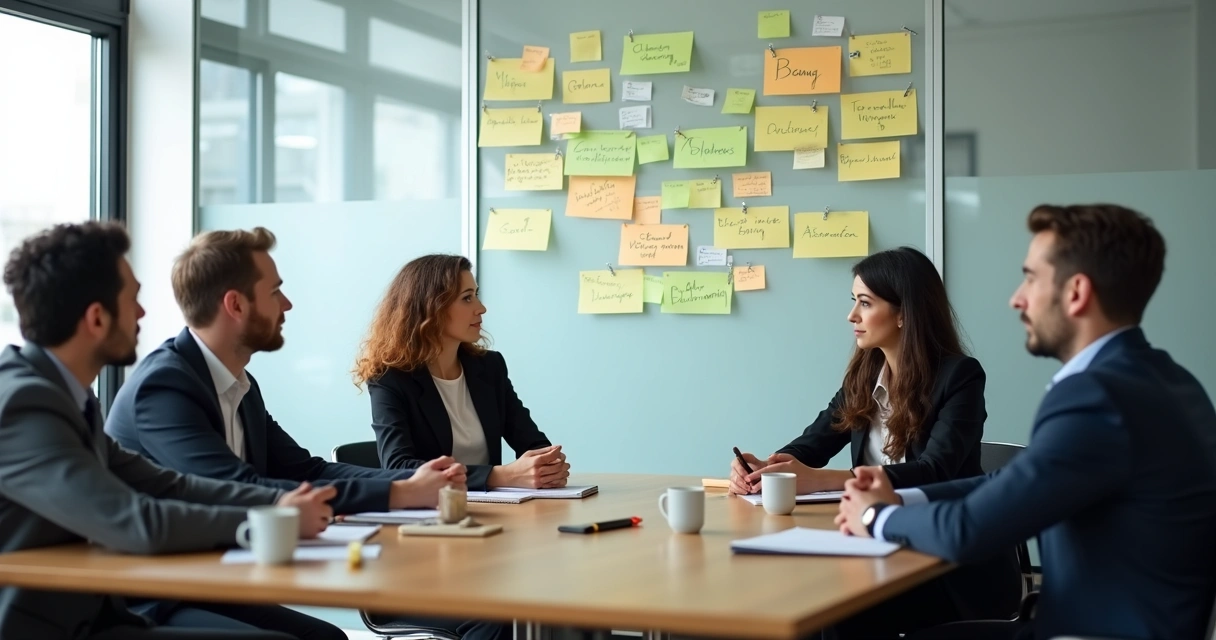 Team meeting with speech notes on a glass wall 