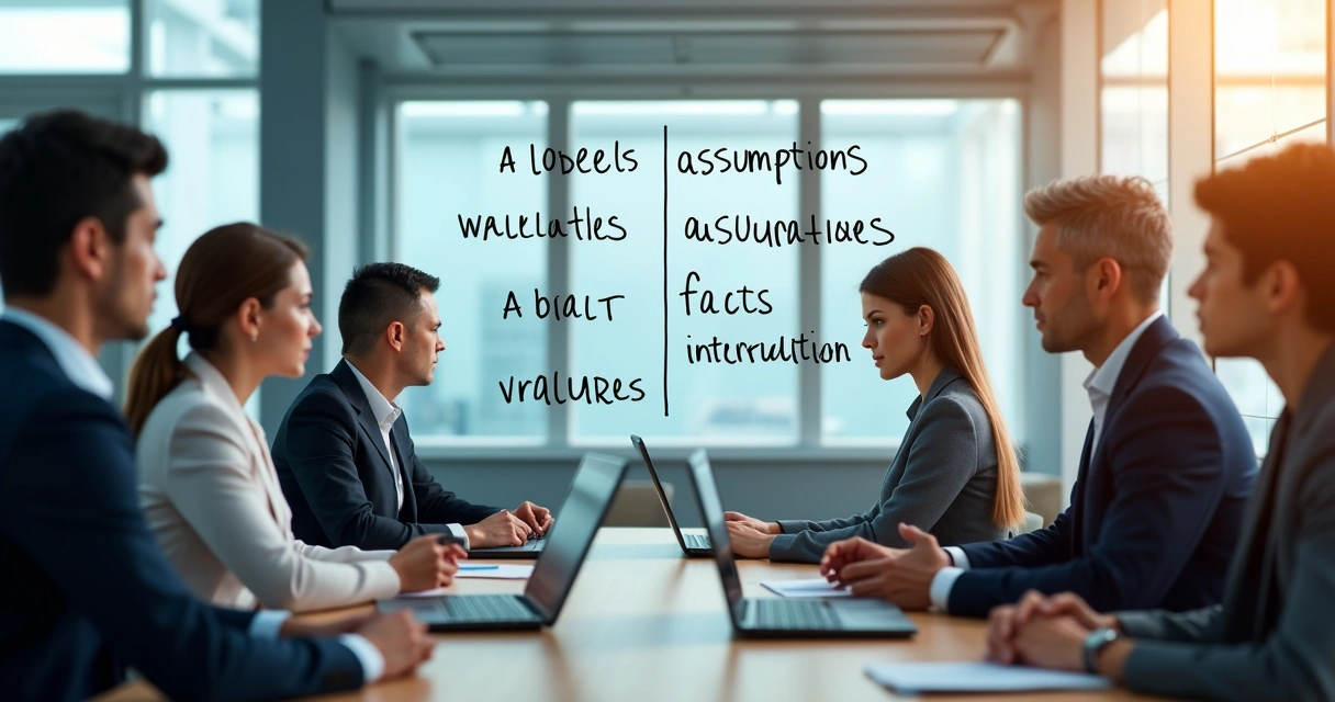 Team meeting with highlighted speech patterns on a glass board