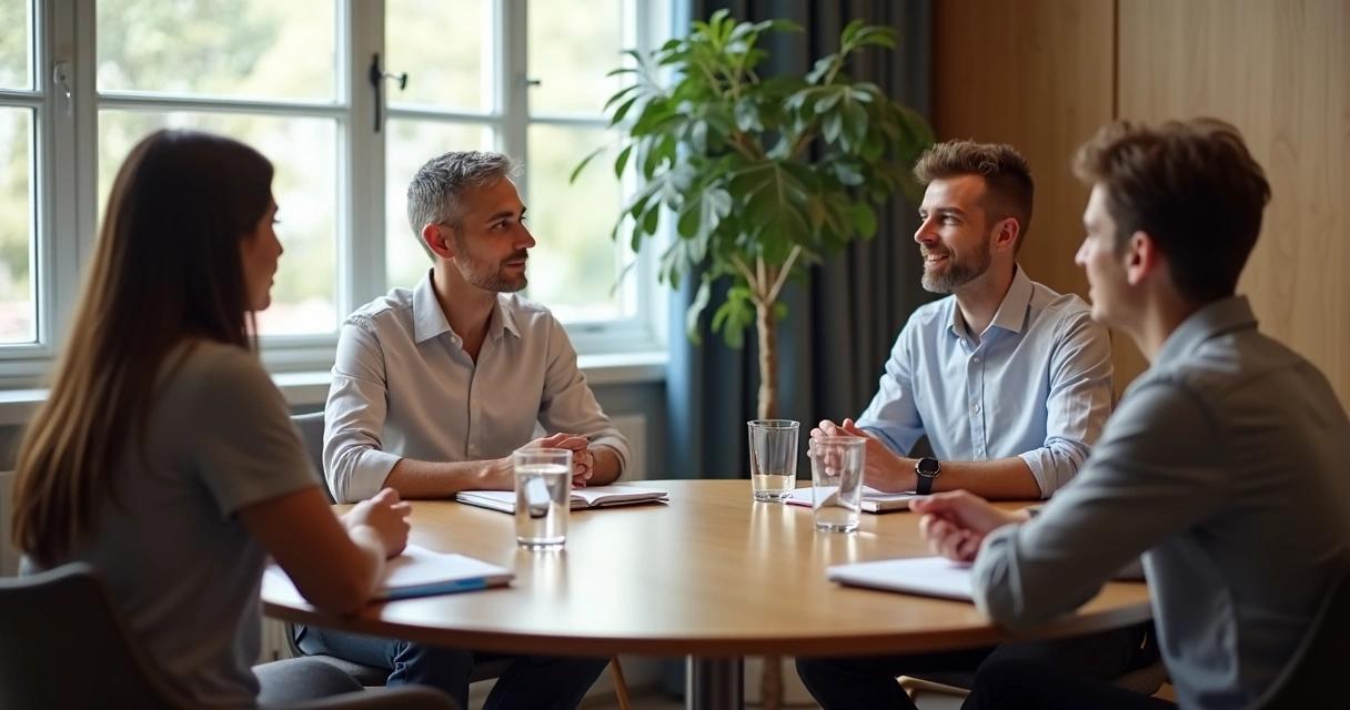Small group in a calm meeting listening before speaking 