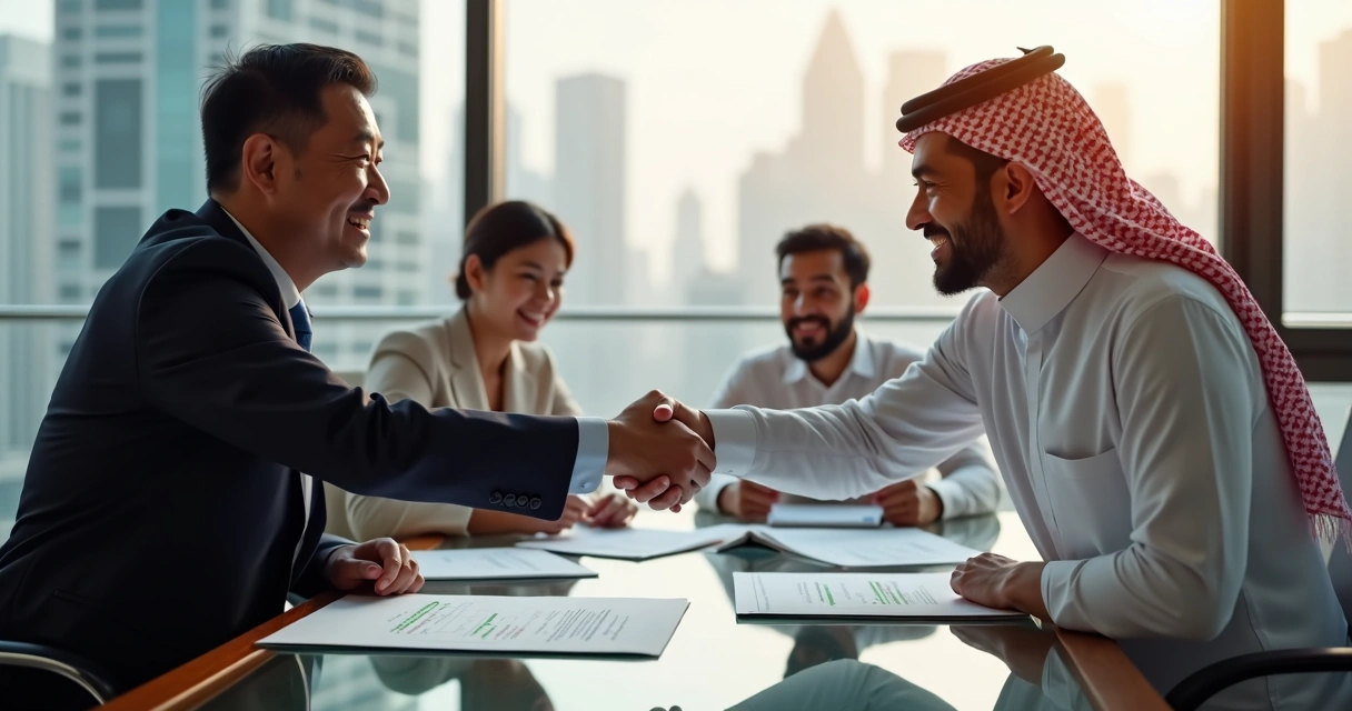 Chinese and Middle Eastern business leaders shaking hands during a meeting
