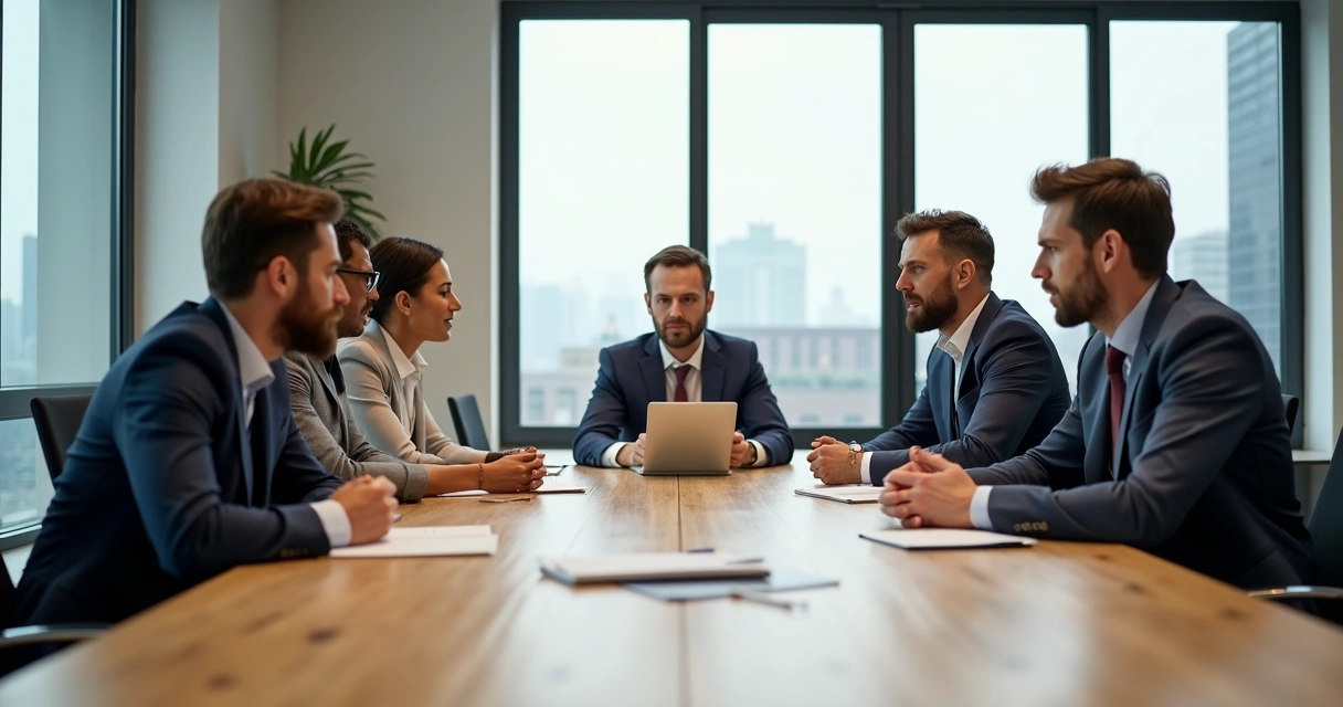Colleagues around a meeting table displaying mixed nonverbal cues such as crossed arms, nodding, and strong eye contact 