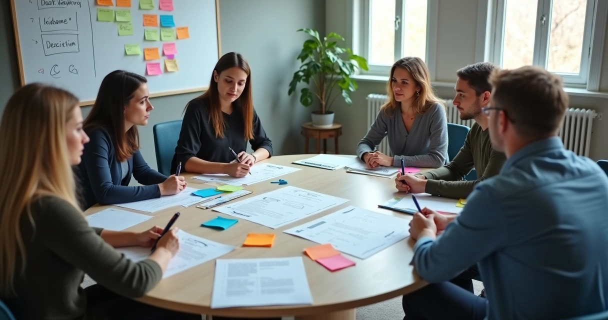 Team reviewing notes during a decision meeting