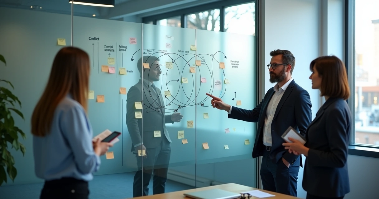Team reviewing conflict patterns on a glass wall chart