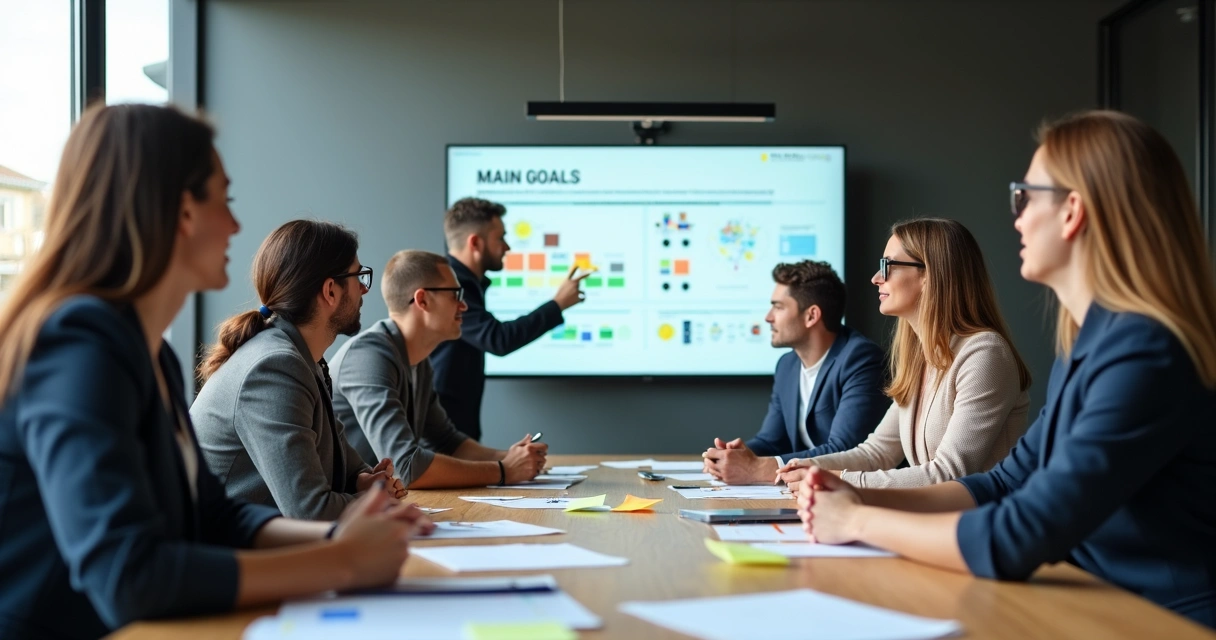 Team gathered around a table reviewing goals during a meeting 