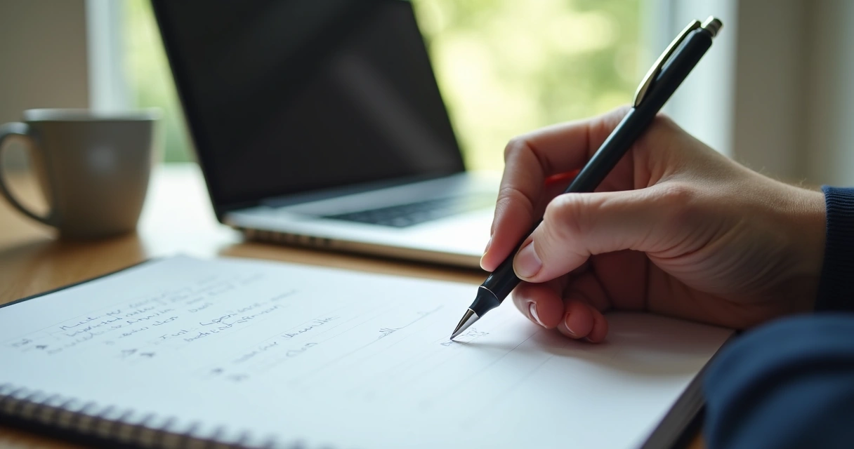 Hand writing on notebook after meeting 