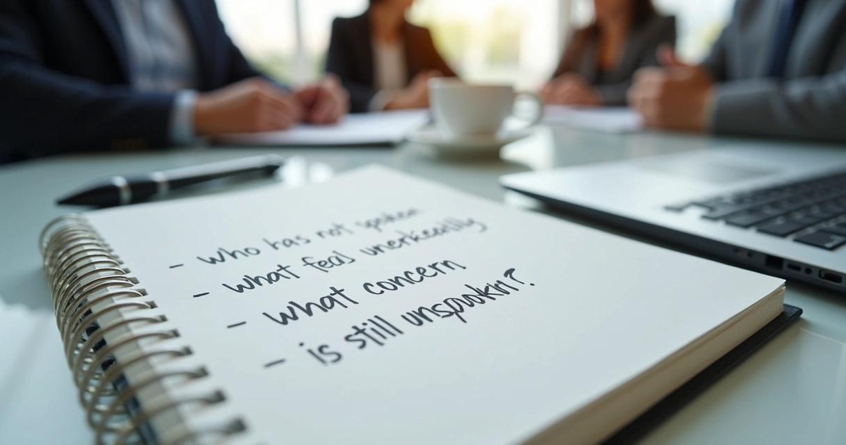 Notebook with meeting reflection questions on desk