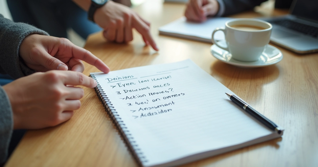 Conference table with meeting notes and action items at closing 
